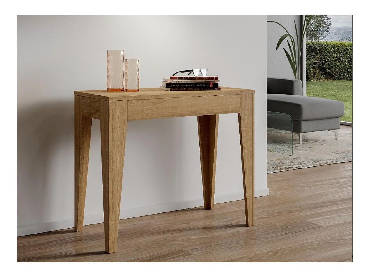 Consola Kanda moderna extensible de madera 90x42/198 o 90x42/302 cm-Color Gris cemento-Base y soporte con ruedas-Alargaderas 5 extensiones