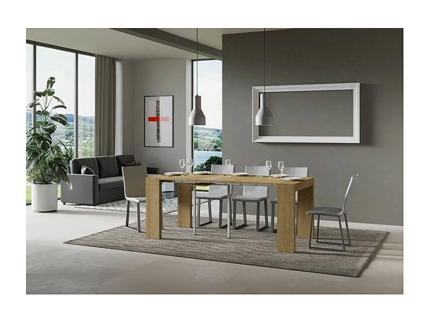 Console extensible en bois Ribo 90x40-196 ou 90x40-300-Couleur Naturel-Pied et support sur roulettes-3 rallonges