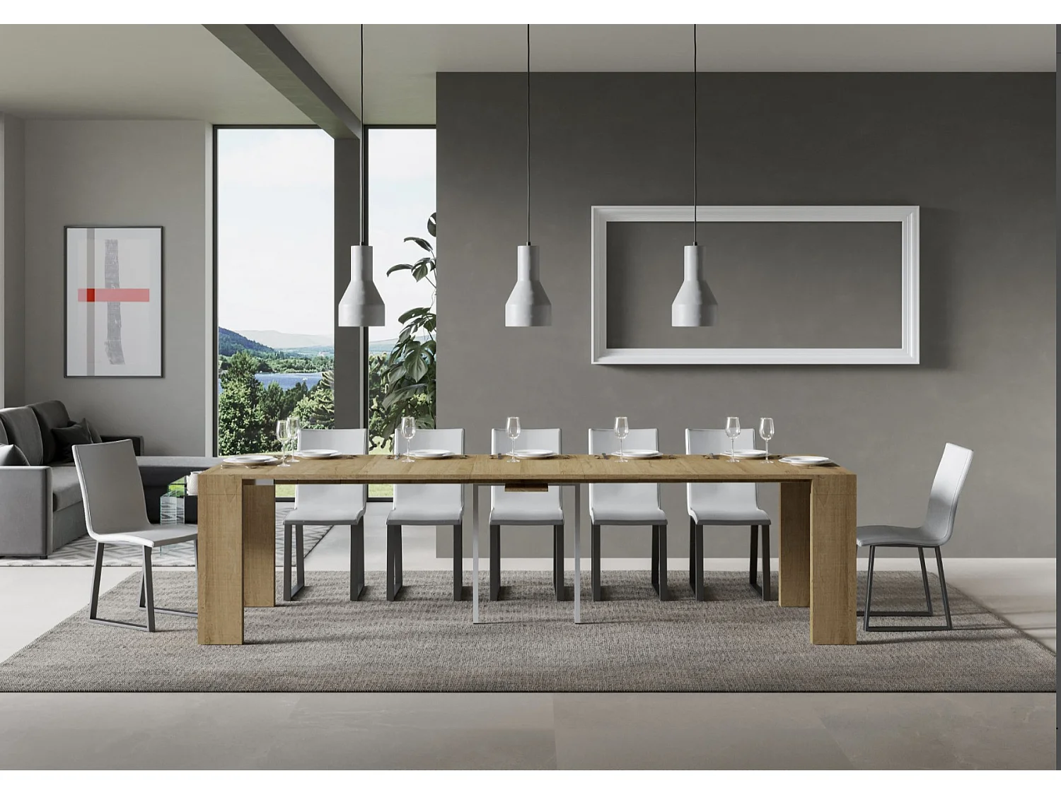 Consola extensible de madera Ribo 90x40/196 o 90x40/300 cm-Color Natural-Base y soporte con ruedas-Alargaderas 3 extensiones