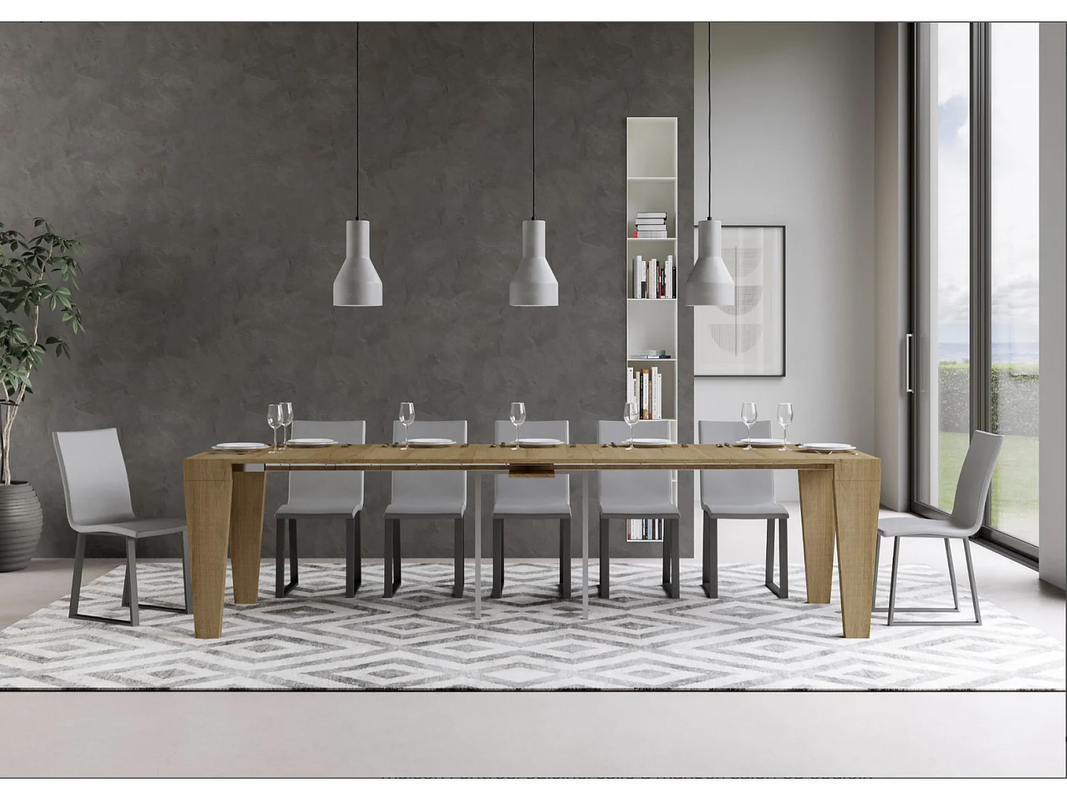 Consola extensible de madera Sambo 90x40/196 o 90x40/300 cm-Color Gris cemento-Base y soporte con ruedas-Alargaderas 3 extensiones