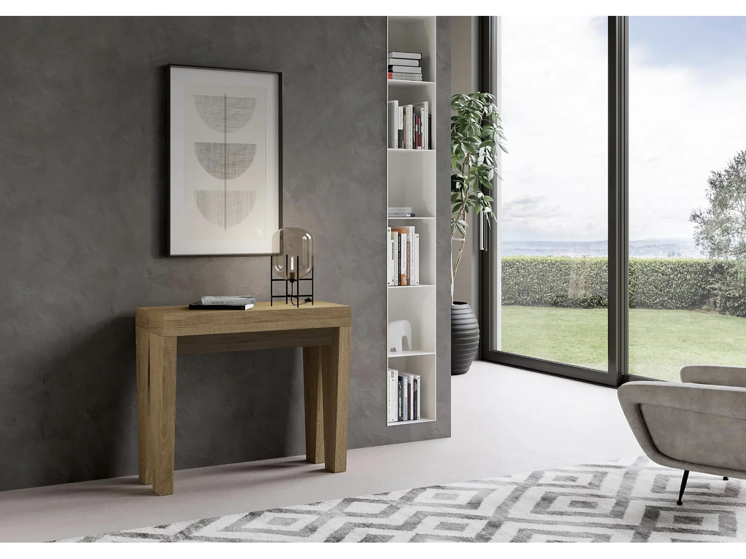 Console extensible en bois Sambo 90x40-196 ou 90x40-300-Couleur Gris ciment-Pied et support sur roulettes-3 rallonges