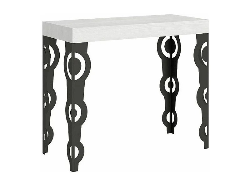 Console extensible style orientale Kazay 90x40-196 ou 90x40-300-Couleur Blanc-Support 2 pieds-3 rallonges fines