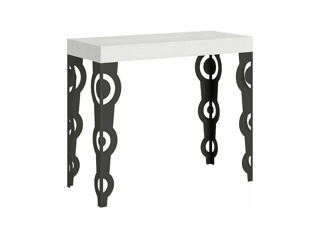 Console extensible style orientale Kazay 90x40-196 ou 90x40-300-Couleur Blanc-Support 2 pieds-3 rallonges fines