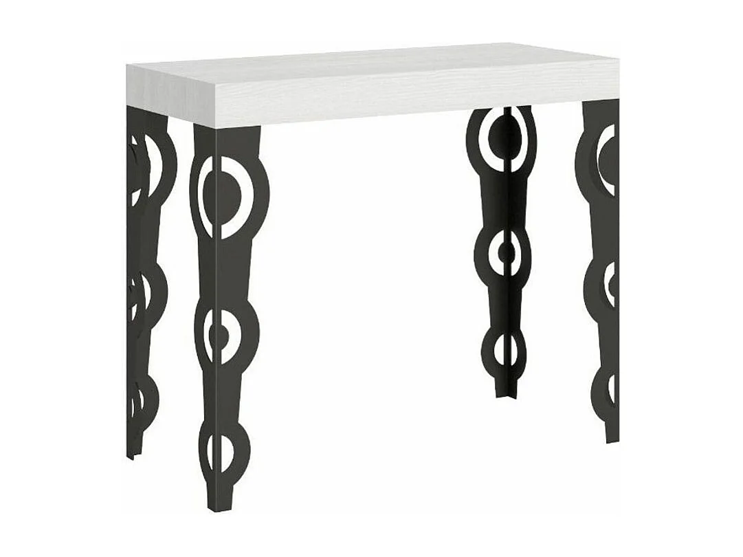 Console extensible style orientale Kazay 90x40-196 ou 90x40-300-Couleur Blanc-Support 2 pieds-3 rallonges fines