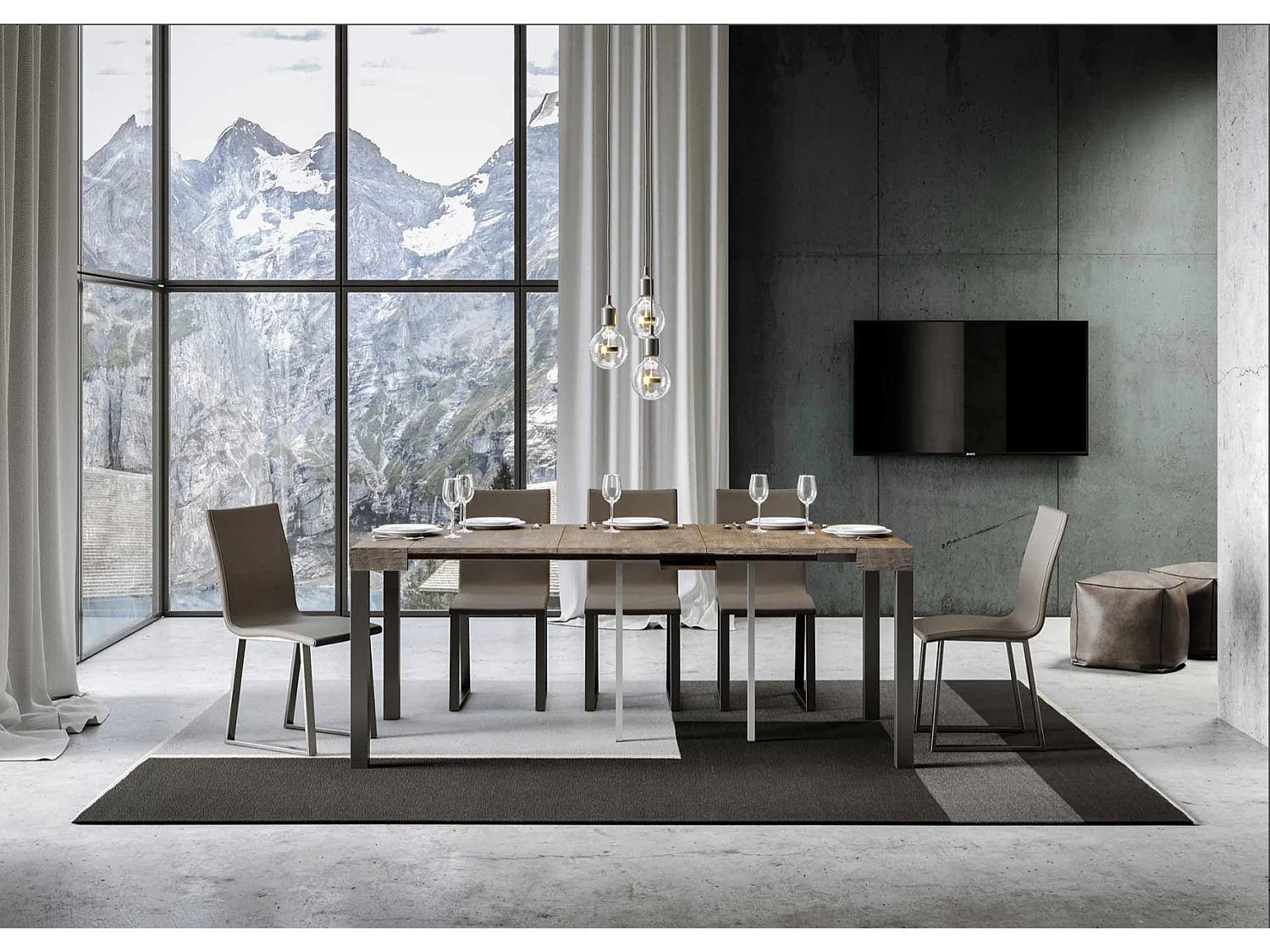 Console extensible bois et acier anthracite Elvira 90x40-196 ou 90x40-300-Couleur Gris ciment-Support 4 pieds-5 rallonges