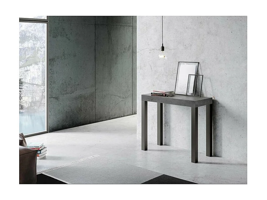 Uitschuifbare console in hout en antraciet staal Elvira 90x40/196 of 90x40/300 cm-Kleur Cementgrijs-Steun 4 voet-Verlengsnoeren 5 uitbreidingen