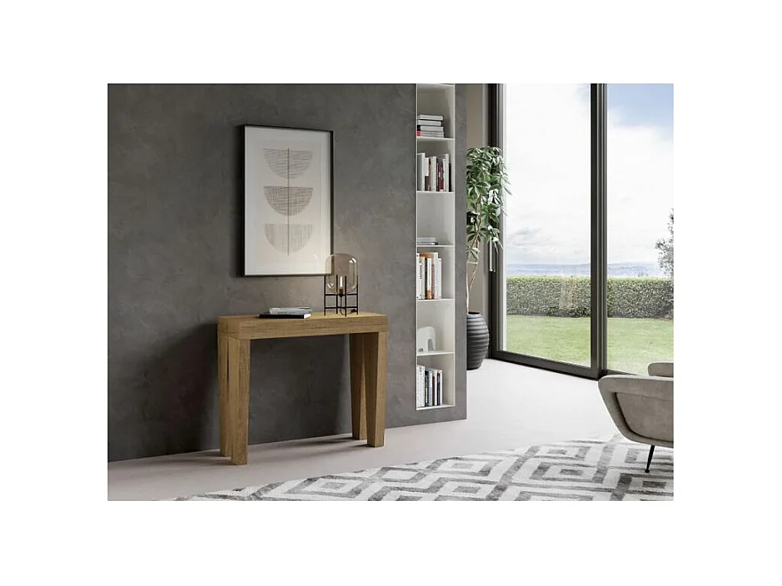 Sambo uitschuifbare houten console 90x40/196 of 90x40/300 cm-Kleur Natuurlijk-Steun 4 voet-Verlengsnoeren 3 uitbreidingen