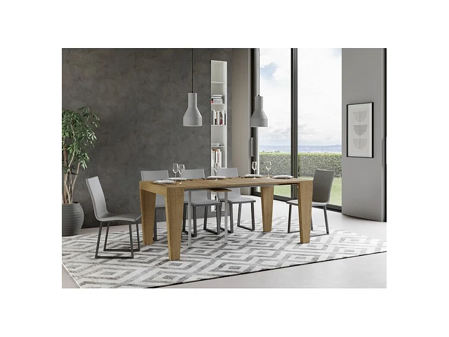 Sambo uitschuifbare houten console 90x40/196 of 90x40/300 cm-Kleur Natuurlijk-Steun 4 voet-Verlengsnoeren 3 uitbreidingen