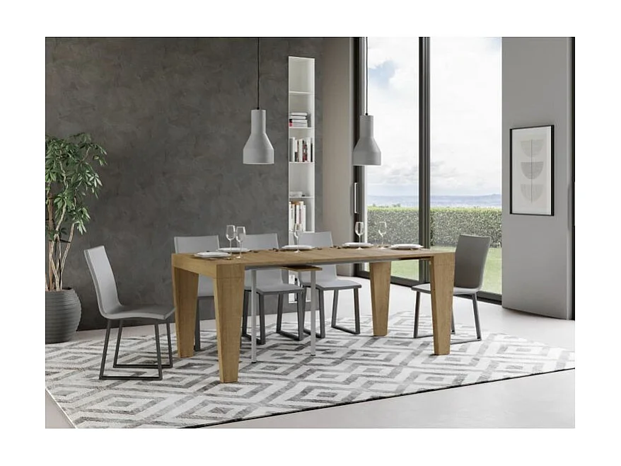 Sambo uitschuifbare houten console 90x40/196 of 90x40/300 cm-Kleur Natuurlijk-Steun 4 voet-Verlengsnoeren 3 uitbreidingen