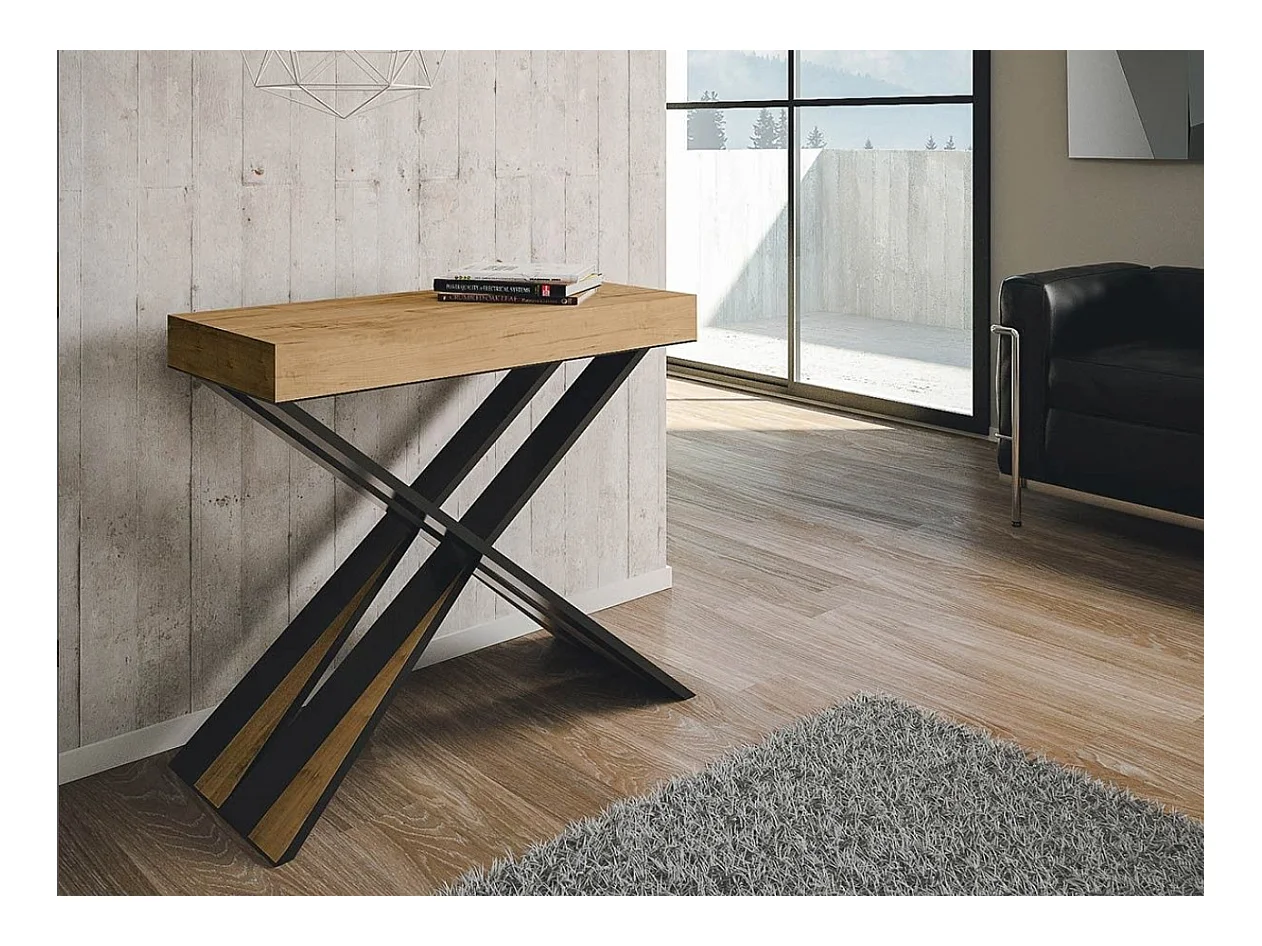 Consola extensible de diseño Diago en madera y patas cruzadas de acero antracita 90x40/196 o 90x40/300 cm-Color Natural-Soporte 2 pies-3 alargaderas gruesas