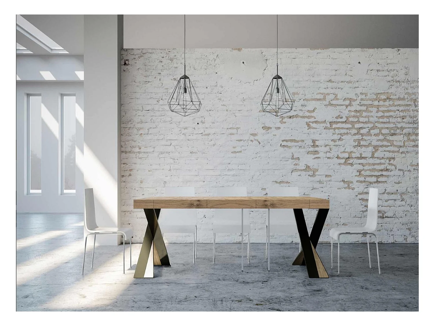 Consola extensible de diseño Diago en madera y patas cruzadas de acero antracita 90x40/196 o 90x40/300 cm-Color Natural-Soporte 2 pies-3 alargaderas gruesas