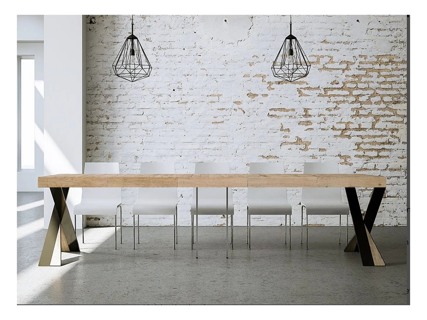 Consola extensible de diseño Diago en madera y patas cruzadas de acero antracita 90x40/196 o 90x40/300 cm-Color Natural-Soporte 2 pies-3 alargaderas gruesas