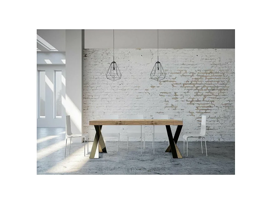 Consola extensible de diseño Diago en madera y patas cruzadas de acero antracita 90x40/196 o 90x40/300 cm-Color Natural-Soporte 2 pies-3 alargaderas gruesas