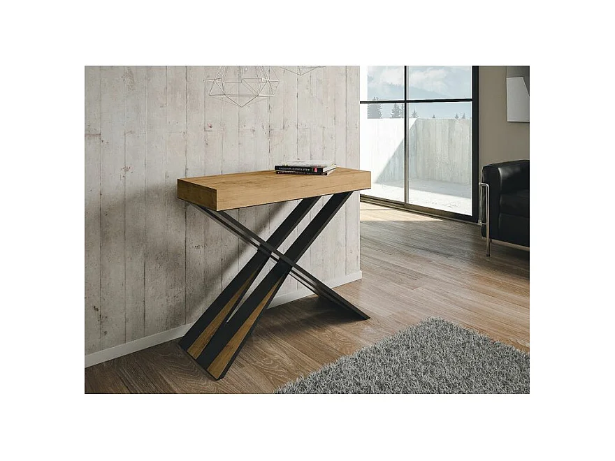 Consola extensible de diseño Diago en madera y patas cruzadas de acero antracita 90x40/196 o 90x40/300 cm-Color Natural-Soporte 2 pies-3 alargaderas gruesas