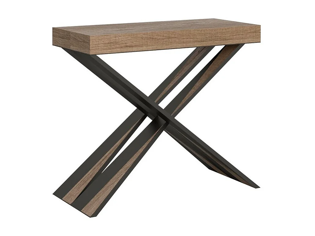 Consola extensible de diseño Diago en madera y patas cruzadas de acero antracita 90x40/196 o 90x40/300 cm-Color Natural-Soporte 2 pies-3 alargaderas gruesas