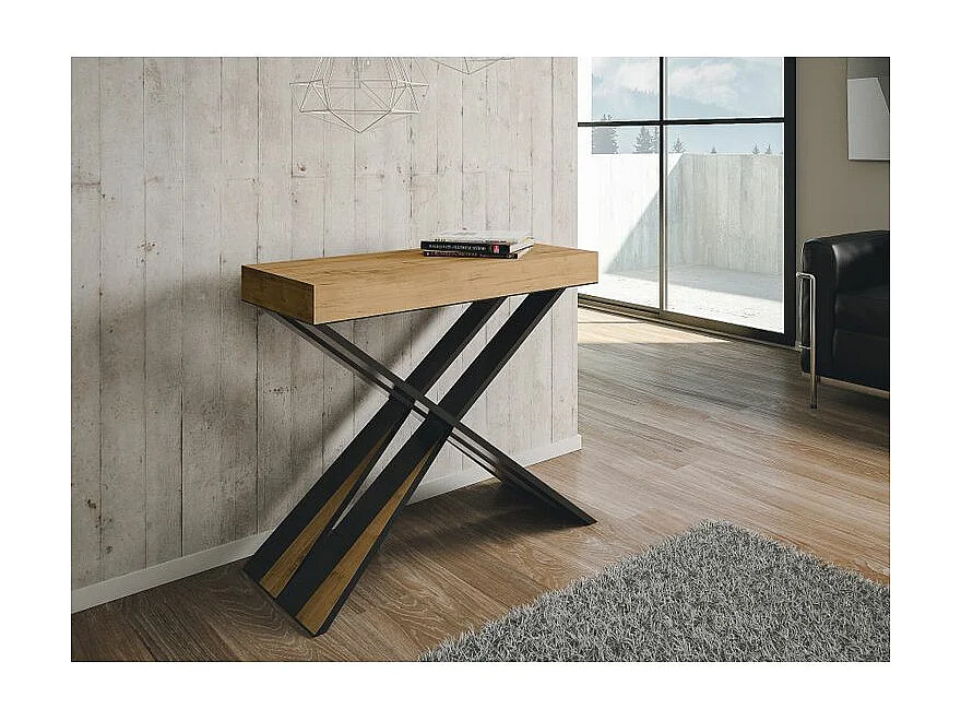 Console extensible design bois et pieds croisés acier anthracite Diago 90x40-196 ou 90x40-300-Couleur Naturel-Support 4 pieds-3 rallonges épaisses