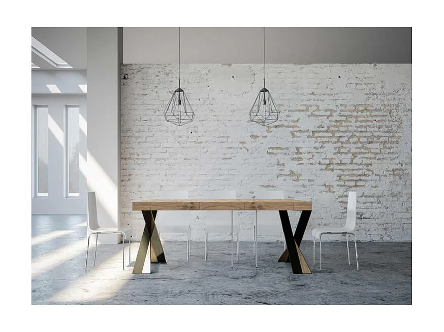 Consola extensible de diseño Diago en madera y patas cruzadas de acero antracita 90x40/196 o 90x40/300 cm-Color Natural-Soporte 4 pies-3 alargaderas gruesas