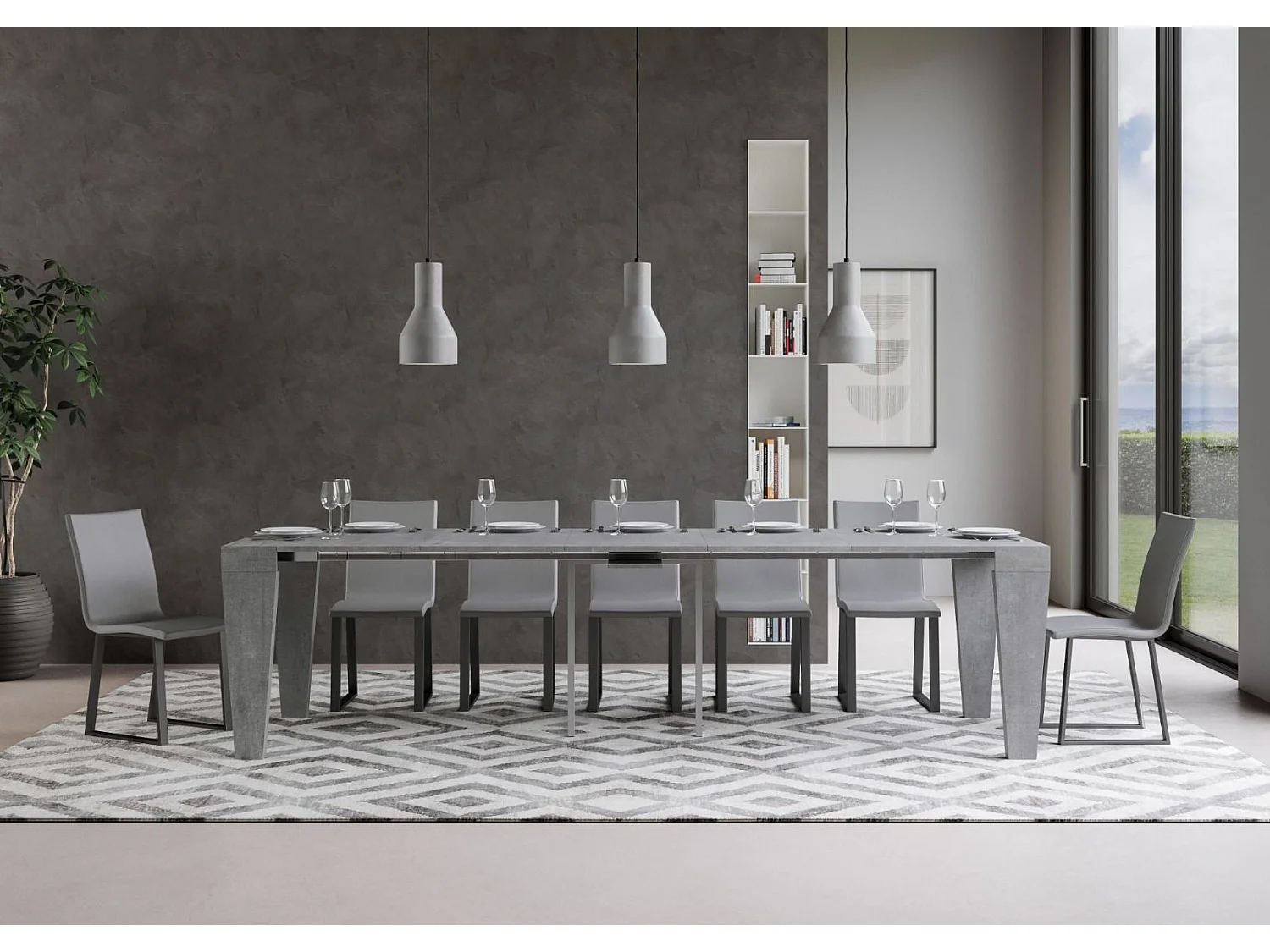 Console extensible en bois Sambo 90x40-196 ou 90x40-300-Couleur Gris ciment-Pied et support sur roulettes-5 rallonges