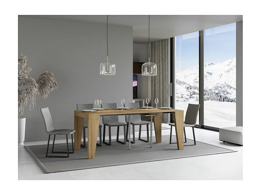 Console extensible en bois moderne 90x40-196 ou 90x40-300 Naxo-Couleur Naturel-Support 4 pieds-3 rallonges