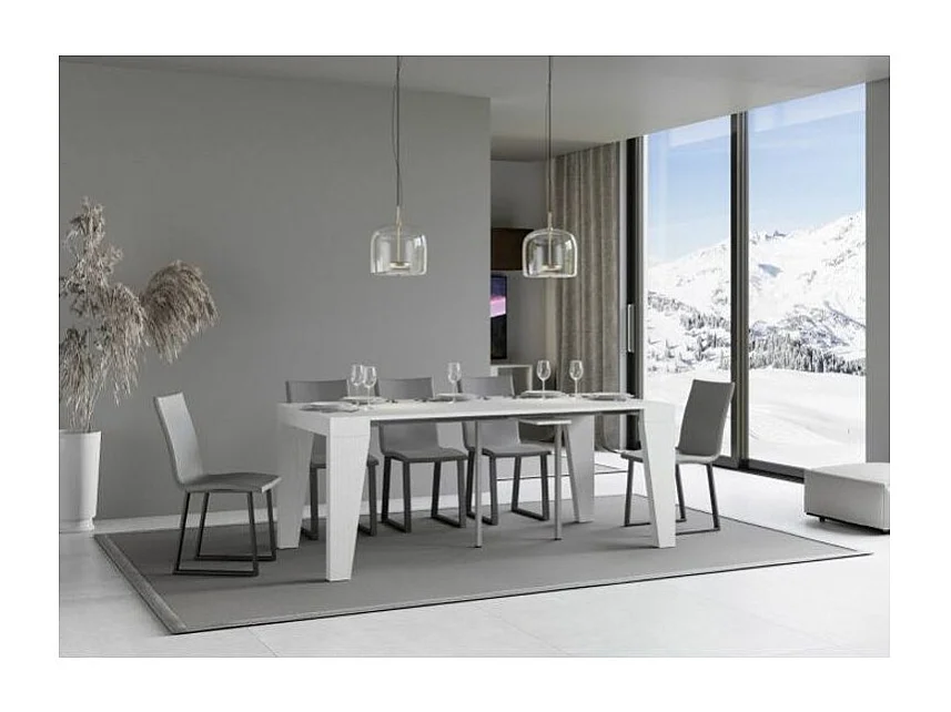 Console extensible en bois moderne 90x40-196 ou 90x40-300 Naxo-Couleur Blanc-Pied et support sur roulettes-5 rallonges