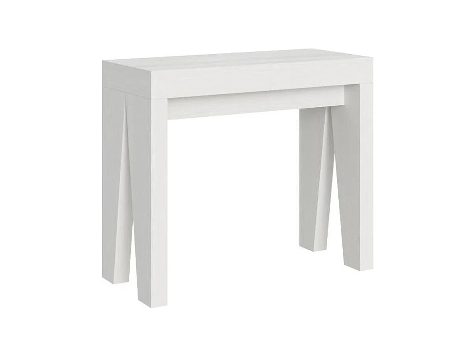 Consola extensible moderna de madera 90x40/196 o 90x40/300 cm Naxo-Color Blanco-Base y soporte con ruedas-Alargaderas 5 extensiones
