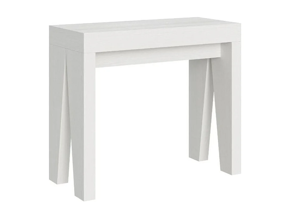 Console extensible en bois moderne 90x40-196 ou 90x40-300 Naxo-Couleur Blanc-Pied et support sur roulettes-5 rallonges