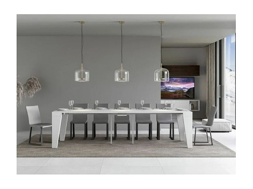 Console extensible en bois moderne 90x40-196 ou 90x40-300 Naxo-Couleur Blanc-Pied et support sur roulettes-5 rallonges