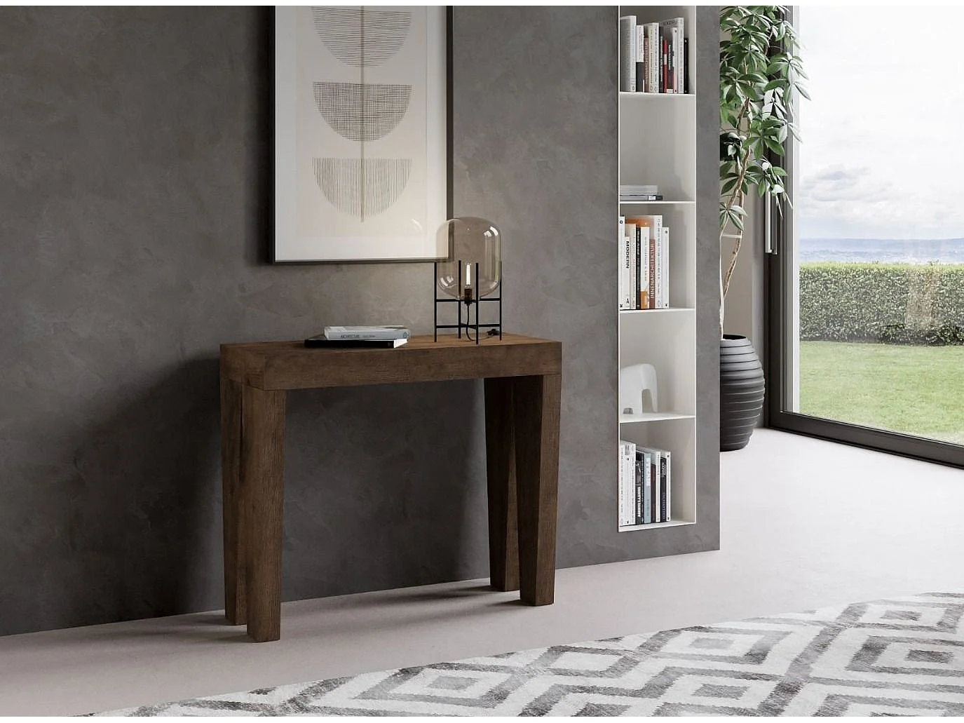 Console extensible en bois Sambo 90x40-196 ou 90x40-300-Couleur Marron-Support 2 pieds-5 rallonges