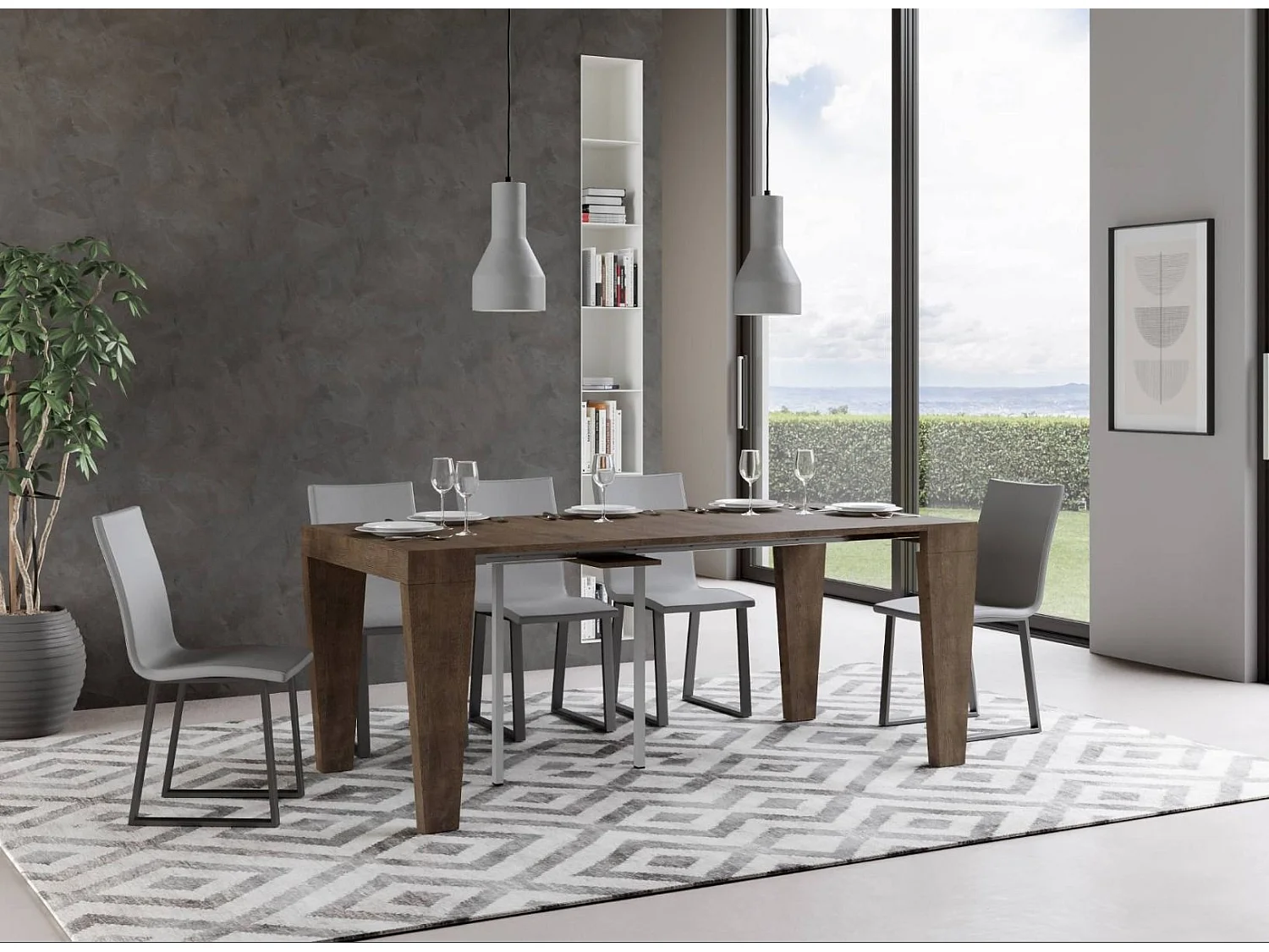 Console extensible en bois Sambo 90x40-196 ou 90x40-300-Couleur Marron-Support 2 pieds-5 rallonges