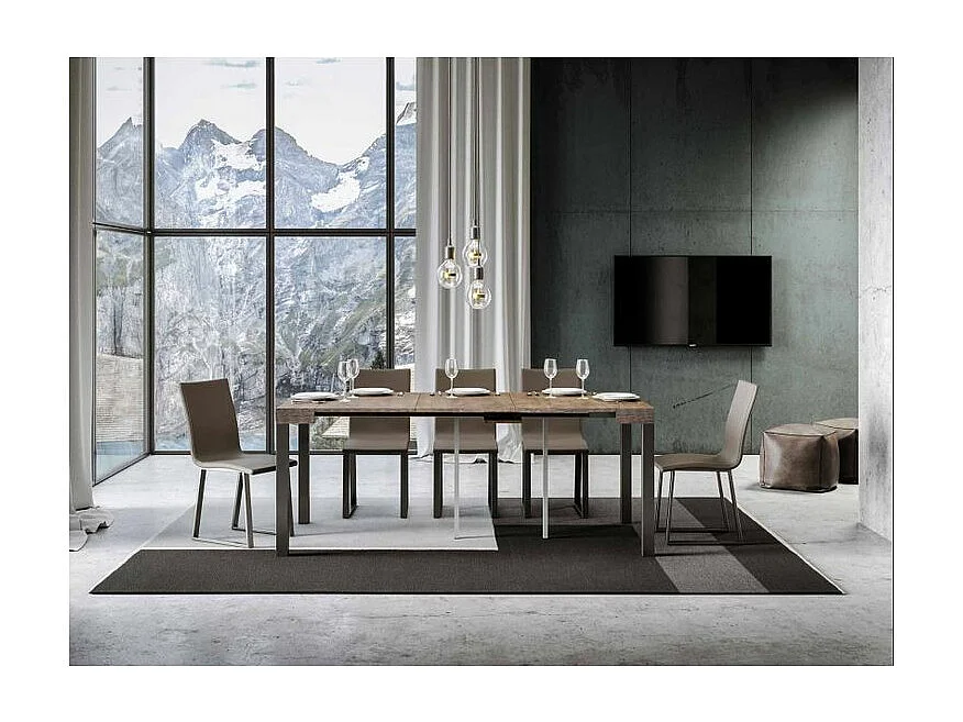 Uitschuifbare console in hout en antraciet staal Monteros 90x40/196 of 90x40/300 cm-Kleur Bruin-Voet en steun op zwenkwielen-Verlengsnoeren 5 uitbreidingen