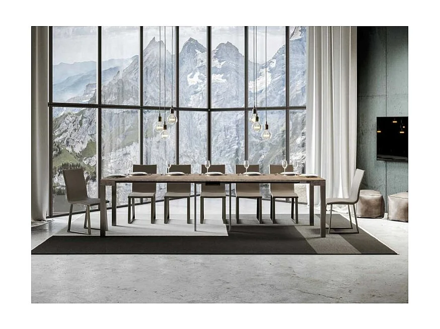 Uitschuifbare console in hout en antraciet staal Monteros 90x40/196 of 90x40/300 cm-Kleur Bruin-Voet en steun op zwenkwielen-Verlengsnoeren 5 uitbreidingen