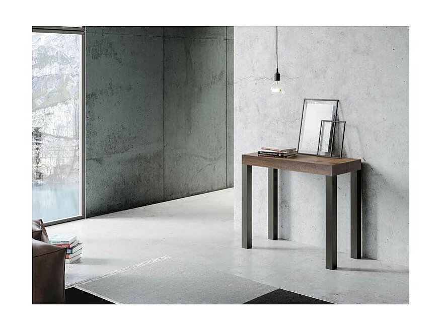 Uitschuifbare console in hout en antraciet staal Monteros 90x40/196 of 90x40/300 cm-Kleur Bruin-Voet en steun op zwenkwielen-Verlengsnoeren 5 uitbreidingen