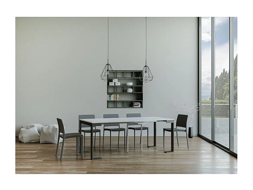 Consola extensible Tiko de madera y acero 90x40/196 o 90x40/300 cm-Color Blanco-Soporte 2 pies-Alargaderas 3 extensiones