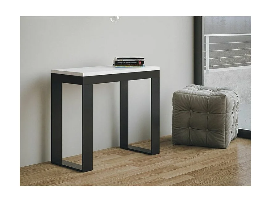 Consola extensible Tiko de madera y acero 90x40/196 o 90x40/300 cm-Color Blanco-Soporte 2 pies-Alargaderas 3 extensiones