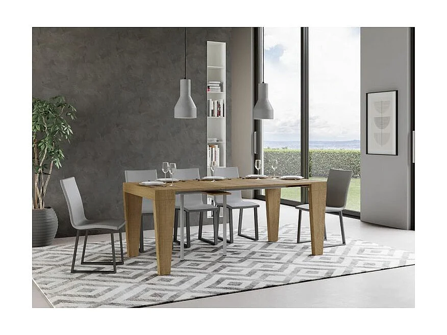Consola extensible de madera Sambo 90x40/196 o 90x40/300 cm-Color Natural-Soporte 4 pies-Alargaderas 5 extensiones