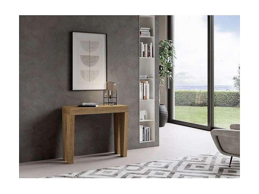 Console extensible en bois Sambo 90x40-196 ou 90x40-300-Couleur Naturel-Pied et support sur roulettes-3 rallonges