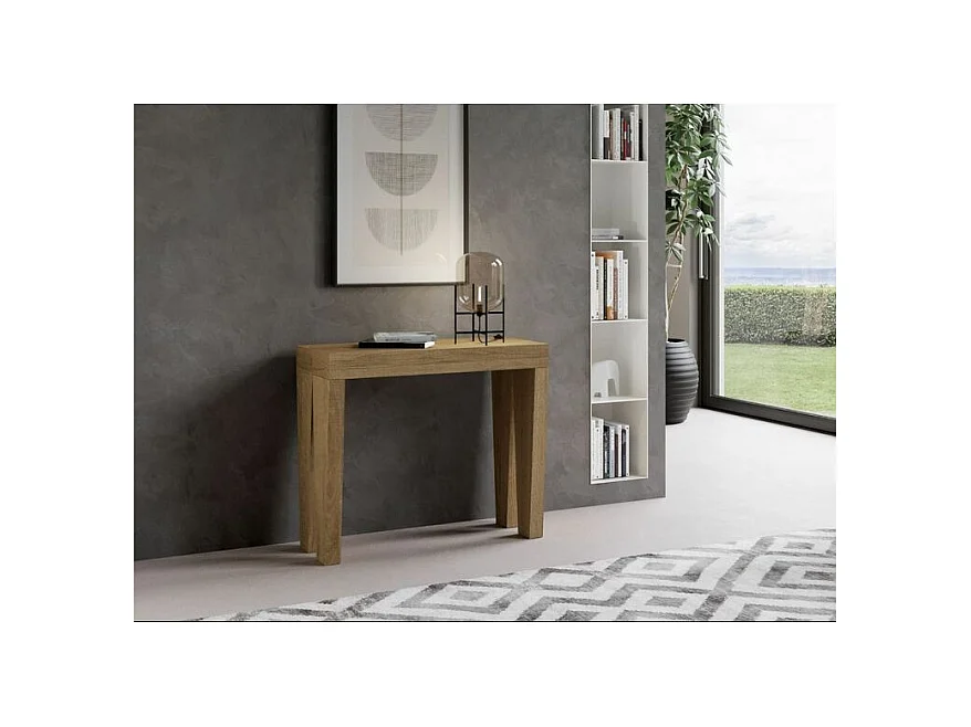 Consola extensible de madera Sambo 90x40/196 o 90x40/300 cm-Color Natural-Base y soporte con ruedas-Alargaderas 3 extensiones