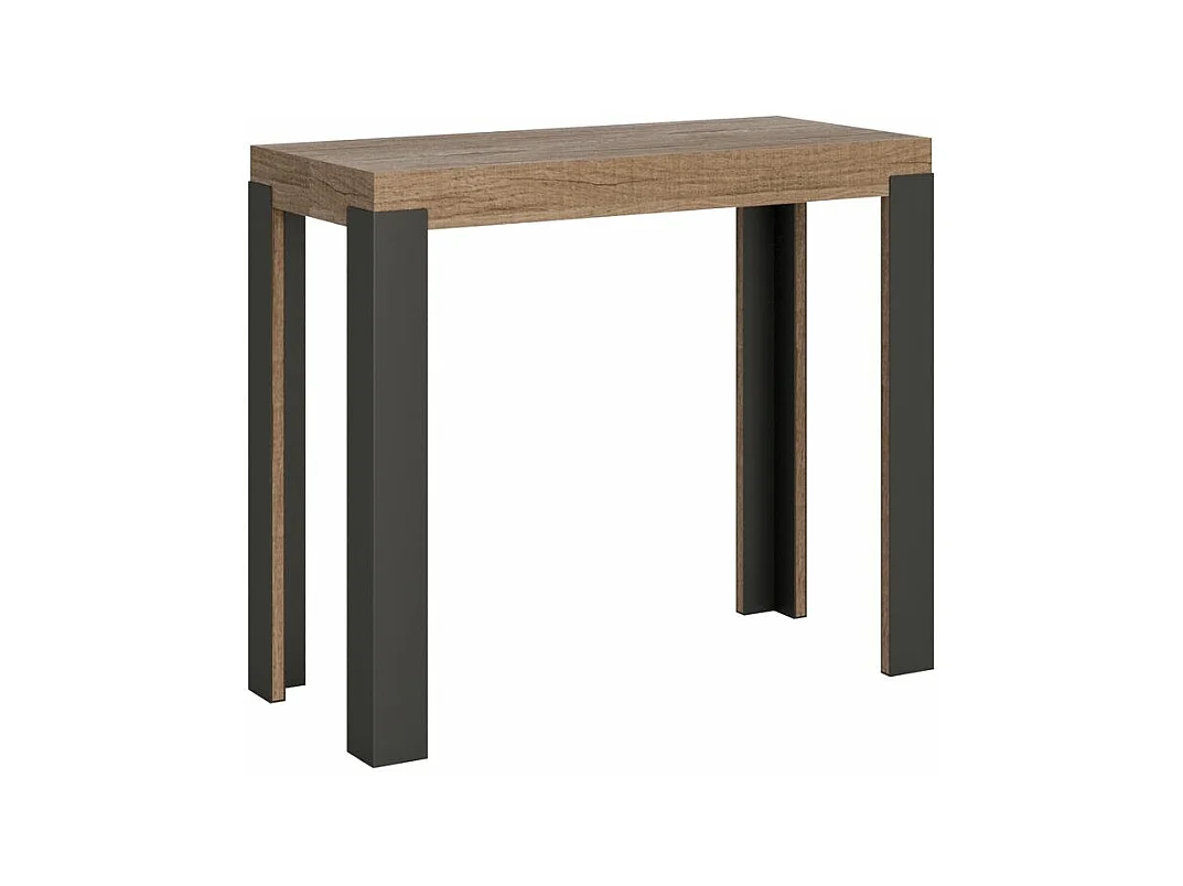 Console extensible bois et acier anthracite Elvira 90x40-196 ou 90x40-300-Couleur Naturel-Pied et support sur roulettes-3 rallonges