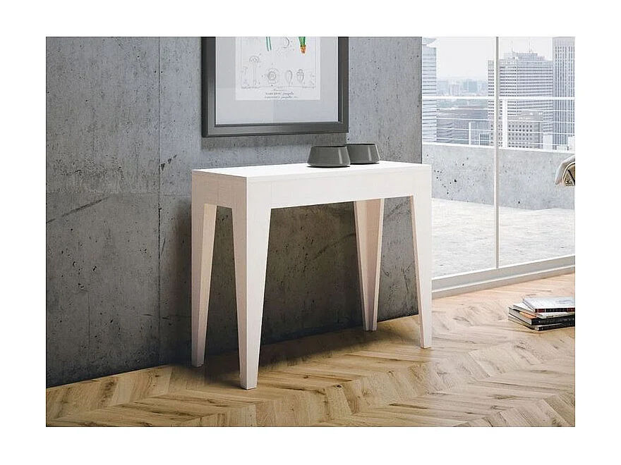 Console extensible moderne en bois Kanda 90x42-198 ou 90x42-302-Couleur Blanc-Support 4 pieds-3 rallonges