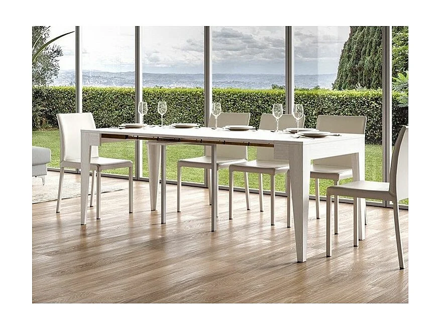 Console extensible moderne en bois Kanda 90x42-198 ou 90x42-302-Couleur Blanc-Support 4 pieds-3 rallonges