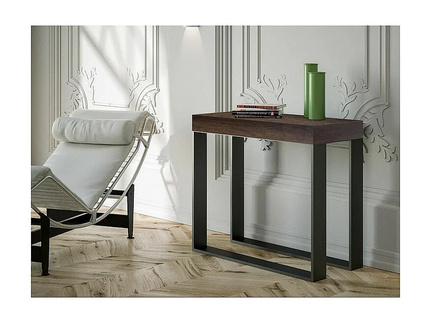 Console extensible bois et 2 pieds acier anthracite Elatra 90x40-196 ou 90x40-300-Couleur Marron-Support 4 pieds-5 rallonges fines