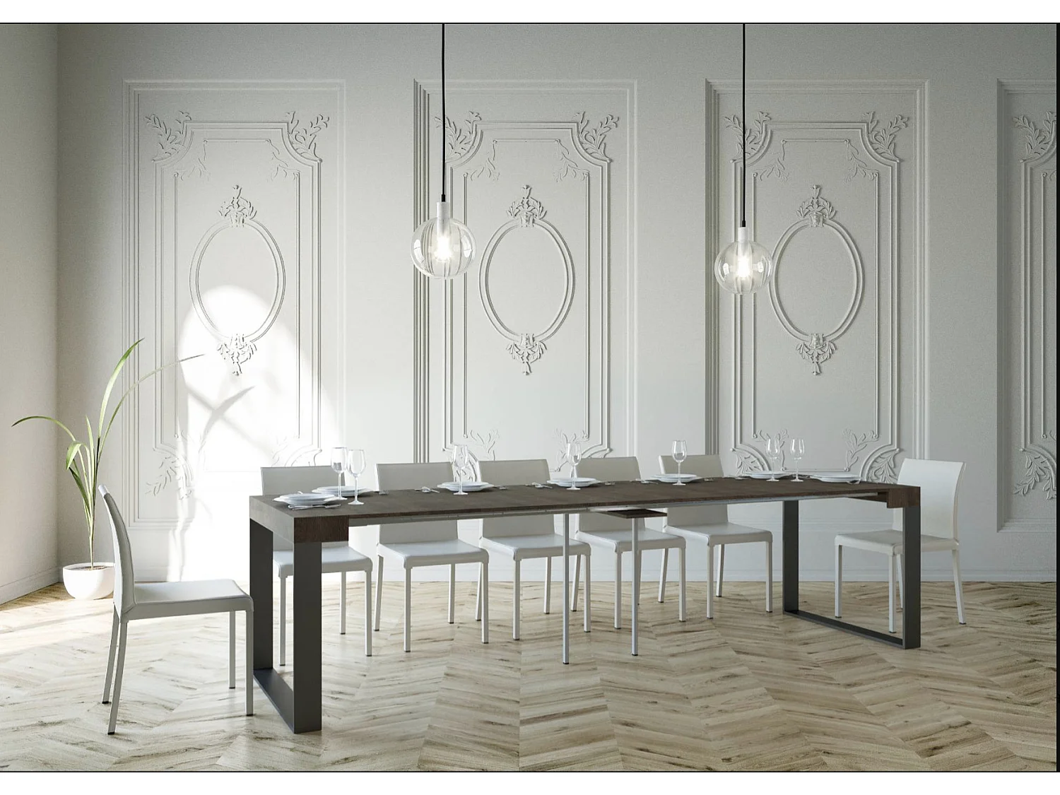 Console extensible bois et 2 pieds acier anthracite Elatra 90x40-196 ou 90x40-300-Couleur Marron-Support 4 pieds-5 rallonges fines