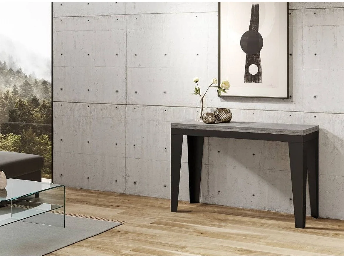 Console extensible gris béton et pieds métal anthracite 14 personnes 40 à 300cm Faye