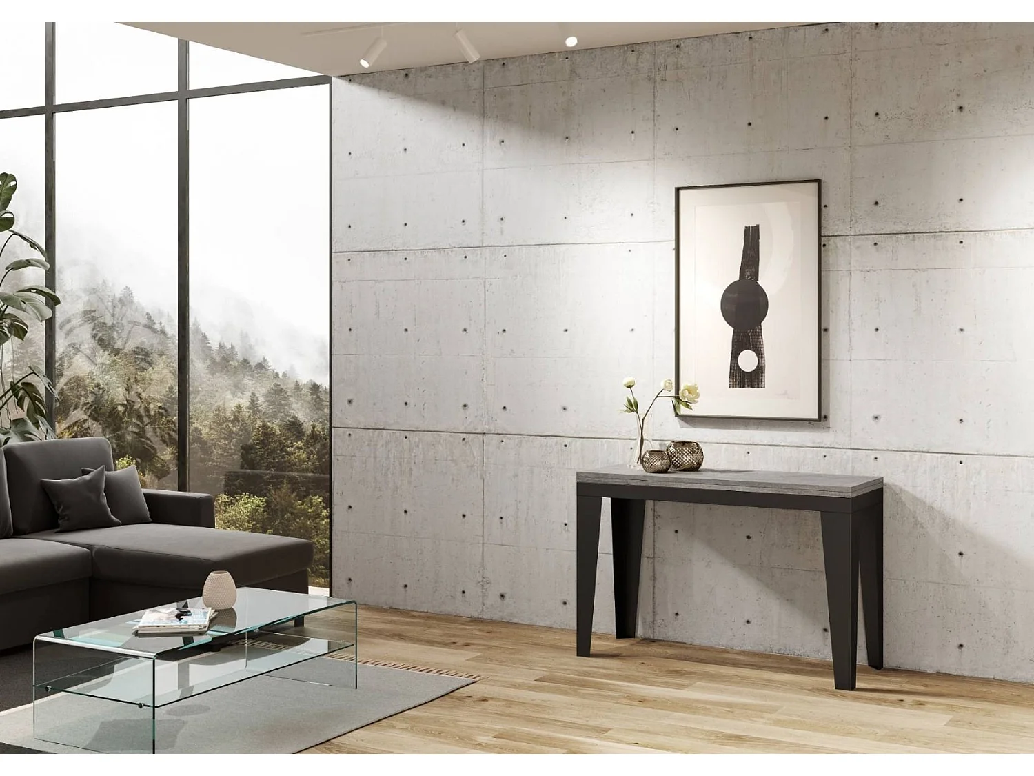 Consola extensible gris hormigón y patas de metal antracita para 14 personas de 40 a 300 cm Faye