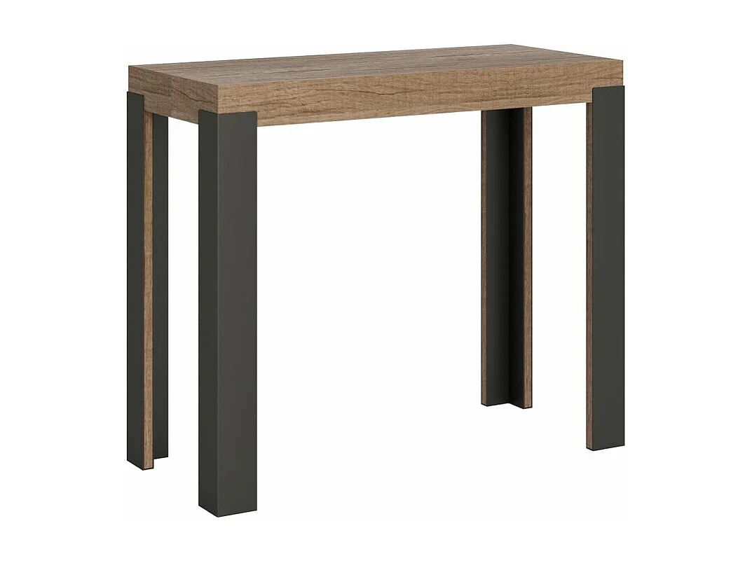 Console extensible bois et acier anthracite Elvira 90x40-196 ou 90x40-300-Couleur Naturel-Pied et support sur roulettes-5 rallonges