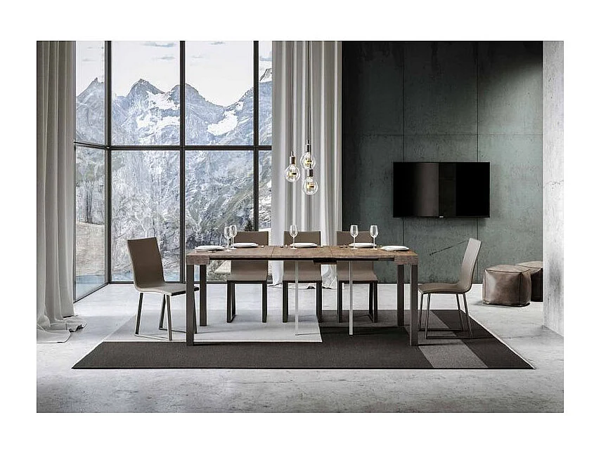 Console extensible bois et acier anthracite Elvira 90x40-196 ou 90x40-300-Couleur Naturel-Pied et support sur roulettes-5 rallonges