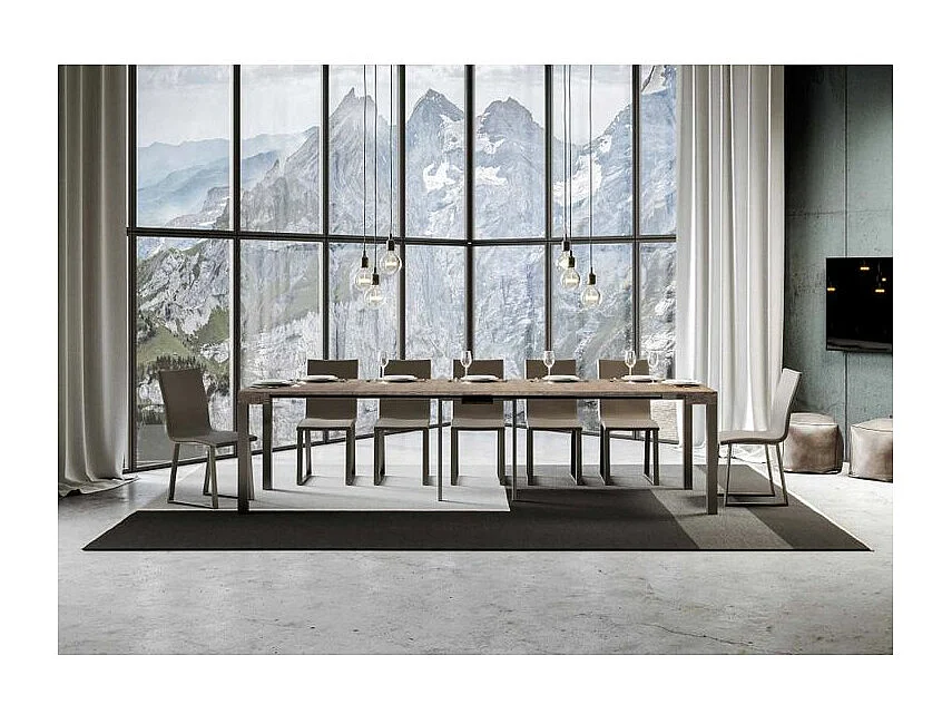 Console extensible bois et acier anthracite Elvira 90x40-196 ou 90x40-300-Couleur Naturel-Pied et support sur roulettes-5 rallonges