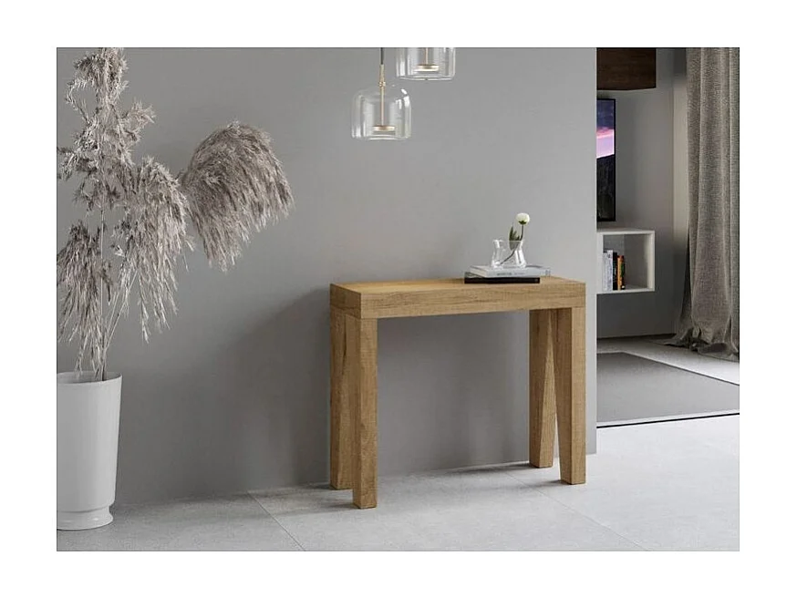 Console extensible en bois moderne 90x40-196 ou 90x40-300 Naxo-Couleur Naturel-Pied et support sur roulettes-3 rallonges