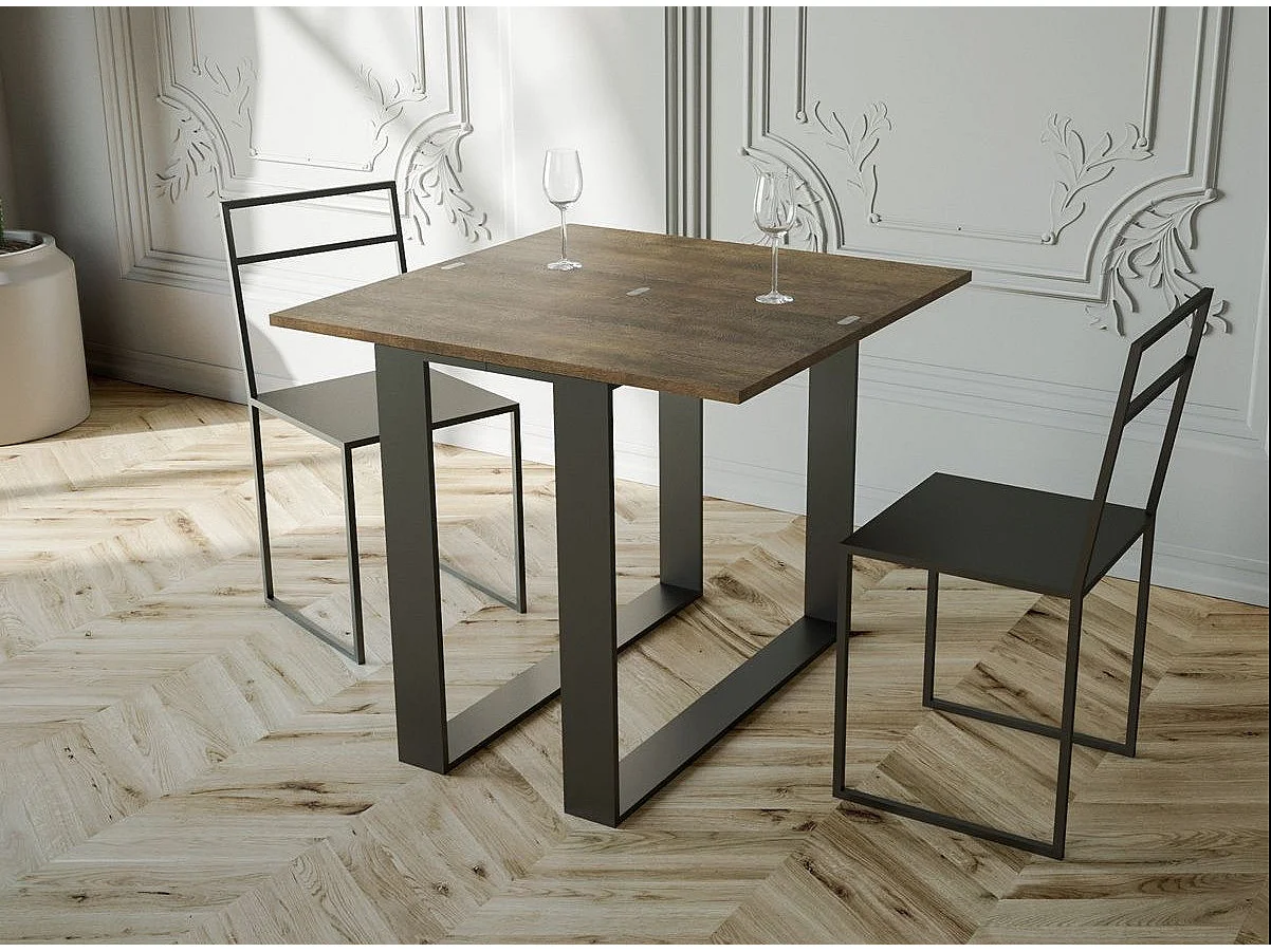 Console extensible bois et 2 pieds acier anthracite Elatra 90x40-196 ou 90x40-300-Couleur Marron-Support 2 pieds-Rallonges 1 rallonge fine