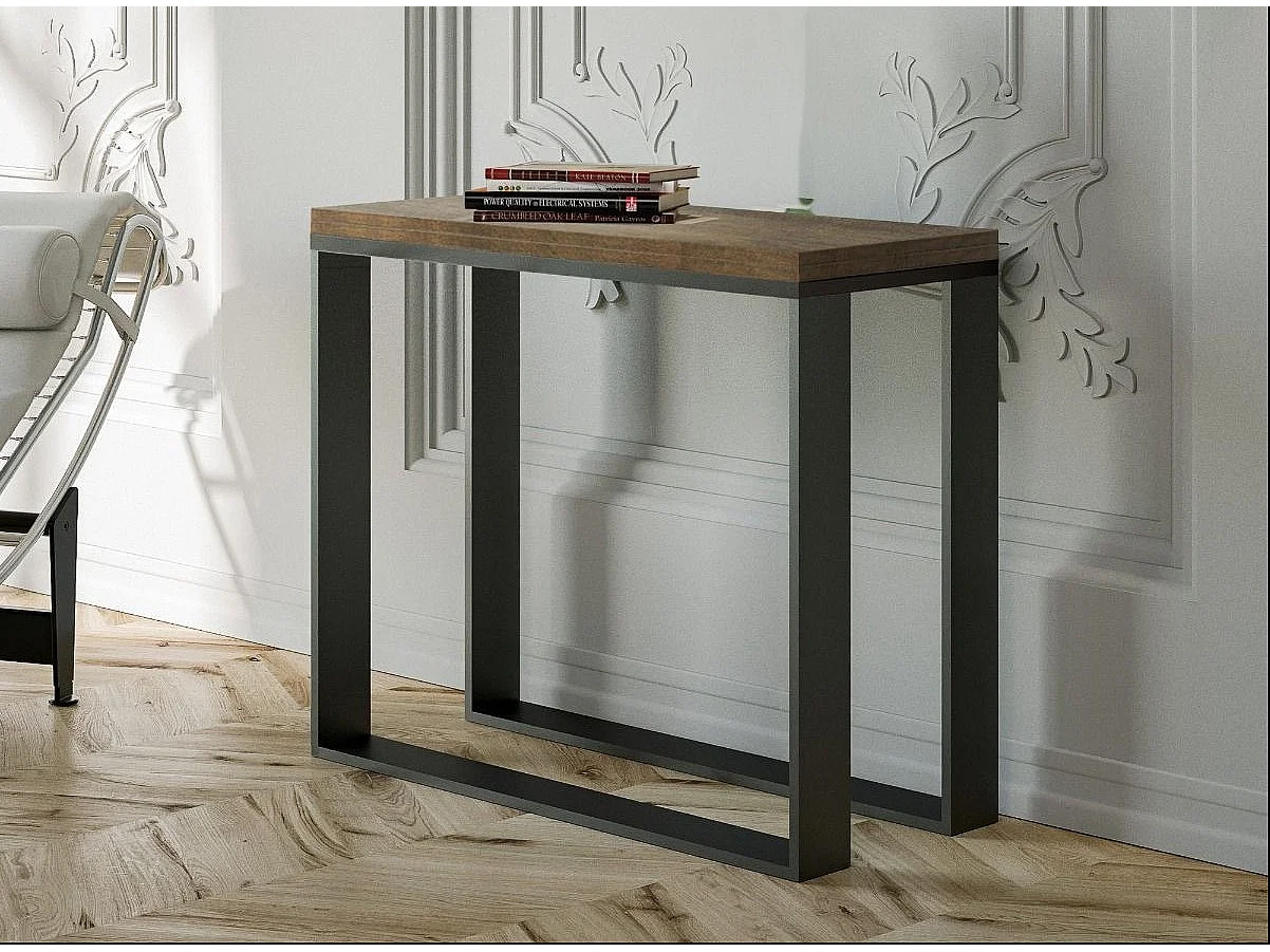 Console extensible bois et 2 pieds acier anthracite Elatra 90x40-196 ou 90x40-300-Couleur Marron-Support 2 pieds-Rallonges 1 rallonge fine